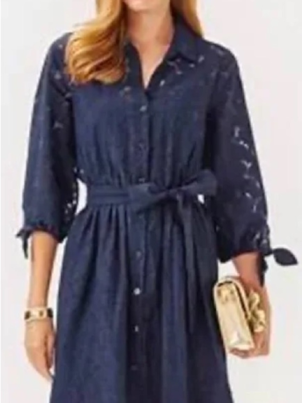 Lilly Pulitzer Navy Blue Amrita Long-Sleeve Shirt Dress w/Waist Tie NWT
